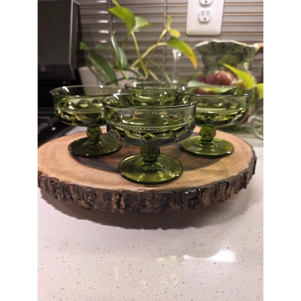 VTG Avocado Green Indiana Glass‎ Kings Crown Thumbprint Dessert Goblet Set Of 4